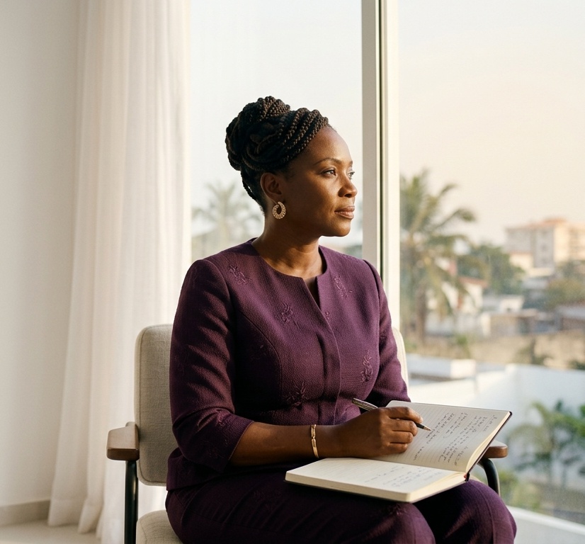 Femme sereine traçant son avenir au lever du jour à Cotonou